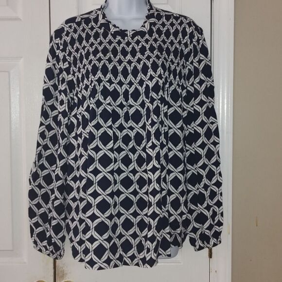 Crown & Ivy navy white long sleeve top blouse Sz 1X - Picture 1 of 5